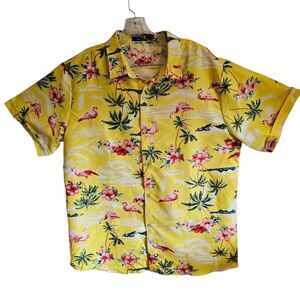 SSLR Men's Shirt L Flamingo Hawaiian‎ Tropical Yellow Floral Cruise Short Sleeve